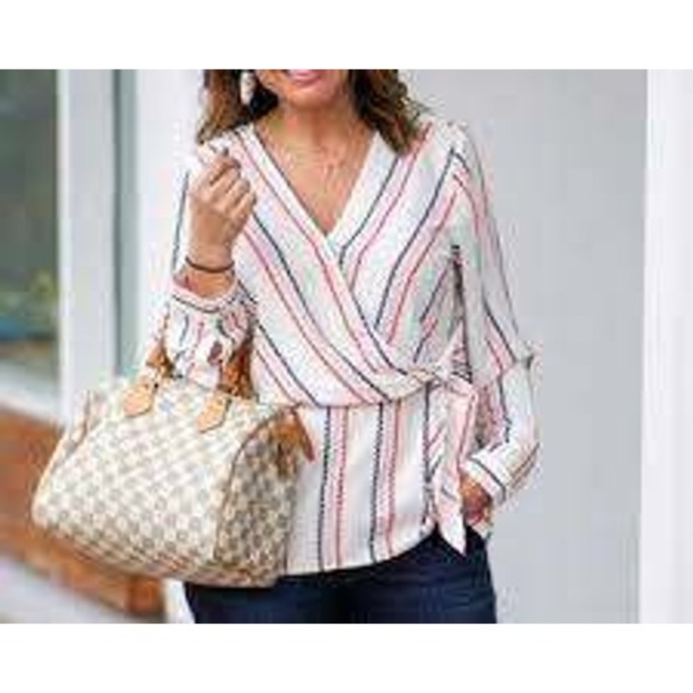 1901 Faux Wrap Blouse Womens Med White Red Zig Zag‎ Stripe Peplum Top Preppy Mod
